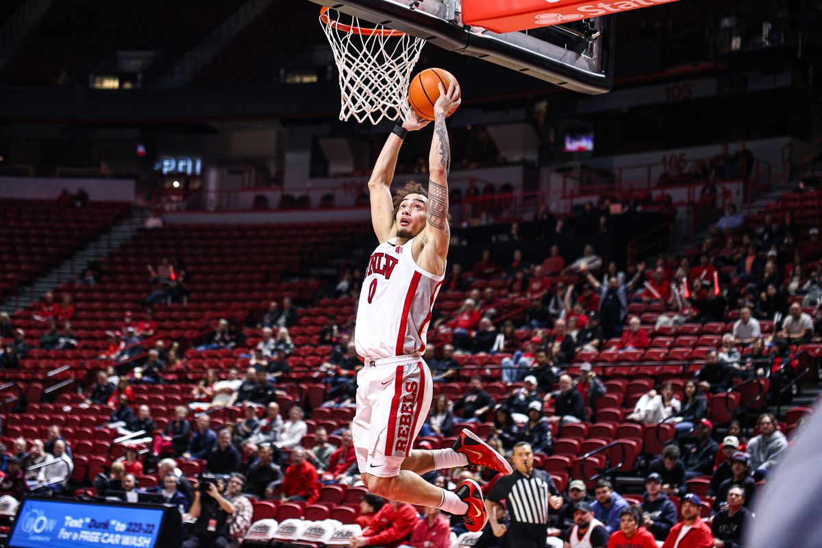 UNLV Runnin' Rebels G Dravyn Gibbs-Lawhorn (0) dunks the ball during a college basketball game against the San Jose State Spartans on Tuesday February 10, 2026, in Las Vegas, Nevada. 