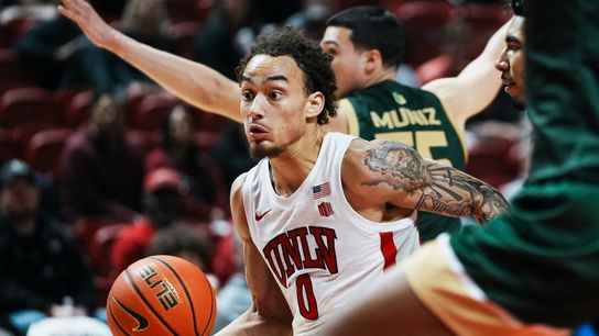UNLV guard Dravyn Gibbs-Lawhorn (0) takes the ball down the court during first half of college basketball game against Colorado State on Wednesday, Feb. 18, 2026 at Thomas & Mack Center in Las Vegas. UNLV guard Dravyn Gibbs-Lawhorn (0) takes the ball down the court during first half of college basketball game against Colorado State on Wednesday, Feb. 18, 2026 at Thomas & Mack Center in Las Vegas.