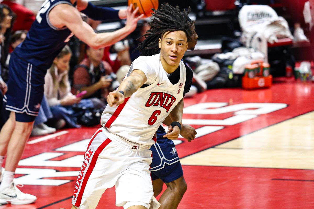 UNLV Runnin' Rebels F Tyrin Jones (6) points to the crowd after scoring a breakaway basket against the Utah State Aggies on Tuesday March 3, 2026, in Las Vegas, Nevada. 