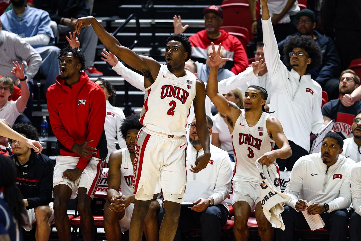 UNLV Runnin' Rebels senior F Kimani Hamilton (2) watches the ball after shooting a three-point shot against the Utah State Aggies on Tuesday March 3, 2026, in Las Vegas, Nevada. 