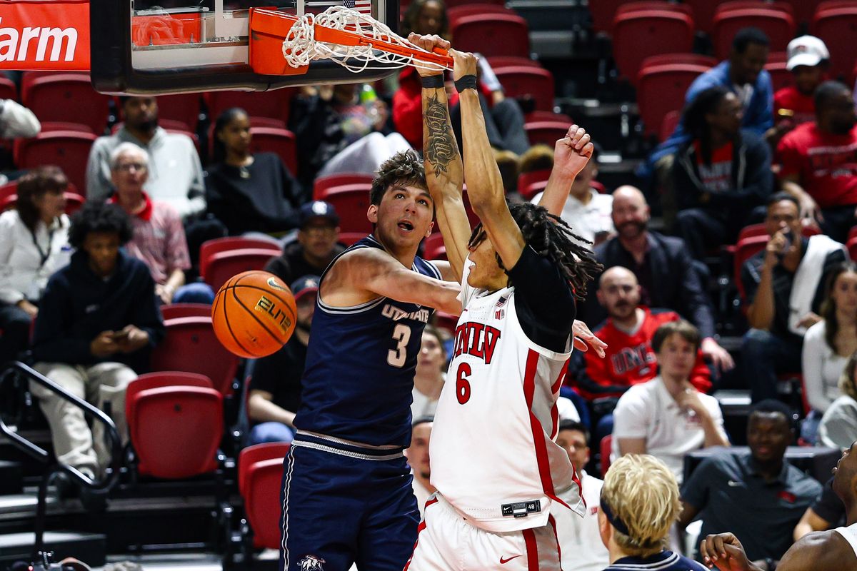 UNLV Runnin' Rebels F Tyrin Jones (6) dunks the ball during a college basketball game against the Utah State Aggies on Tuesday March 3, 2026, in Las Vegas, Nevada. 