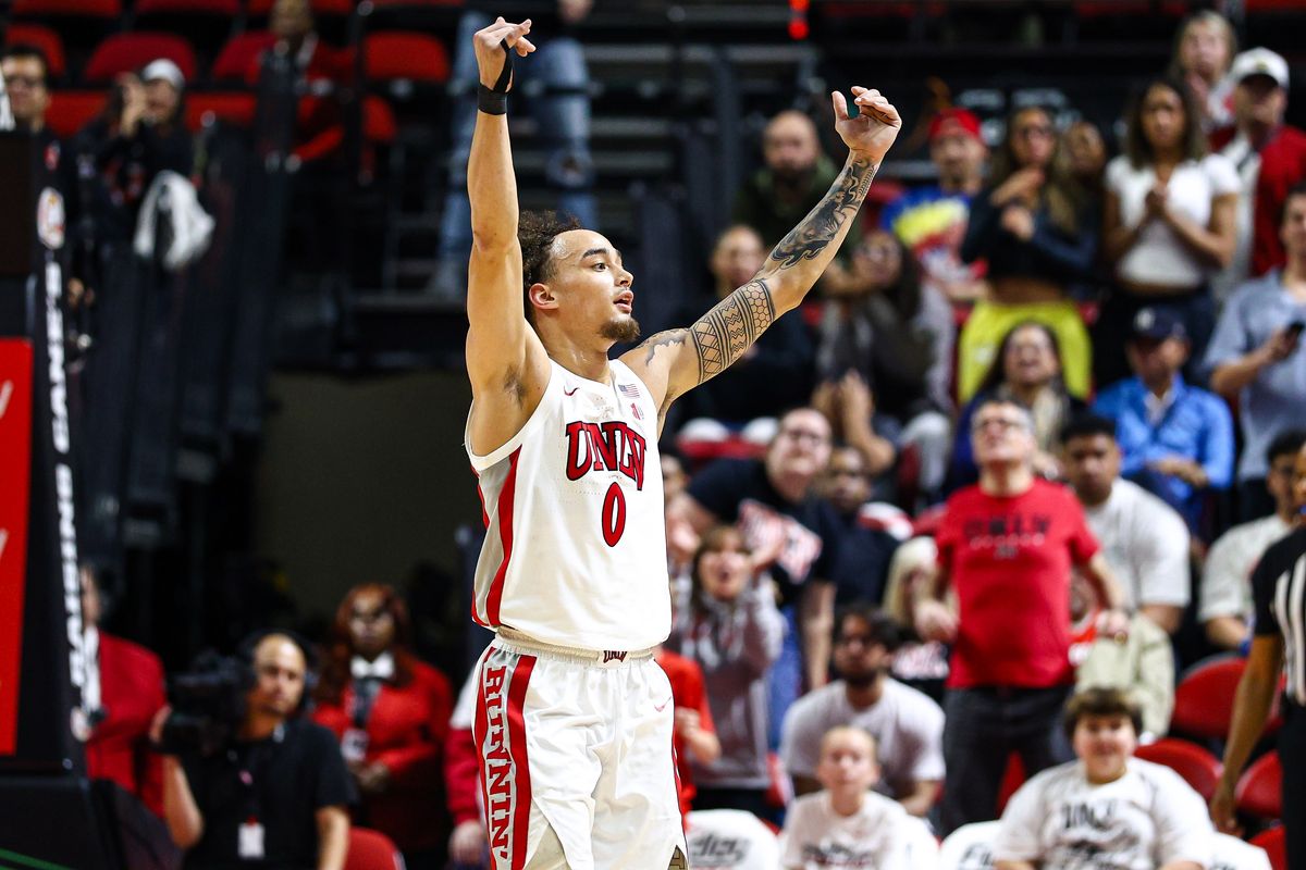 UNLV Runnin' Rebels G Dravyn Gibbs-Lawhorn (0) hypes up the crowd in the final minutes of a college basketball game against the Utah State Aggies on Tuesday March 3, 2026, in Las Vegas, Nevada. 