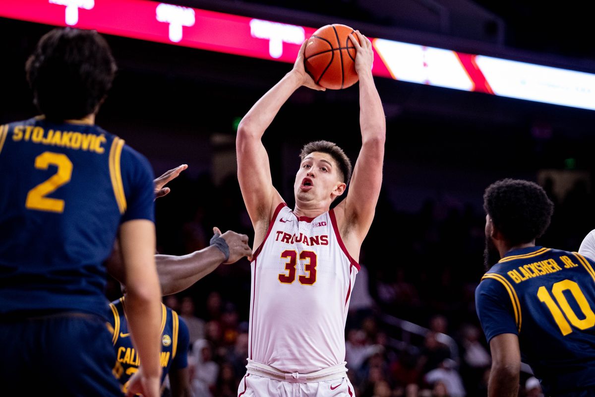 USC Trojans forward Josh Cohen (33) grabs the rebounded ball during the 1st half of the game against the California Golden Bears on Sunday, November 17th, 2024, at Galen Center in Los Angeles, CA.