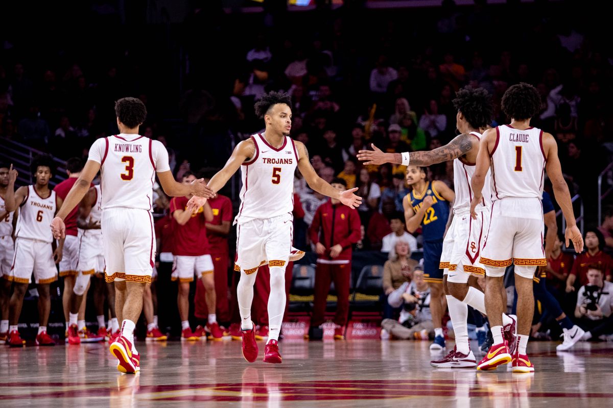 USC Trojans forward Terrance Williams II (5) celebrates during the 2nd half of the game against the California Golden Bears on Sunday, November 17th, 2024, at Galen Center in Los Angeles, CA.