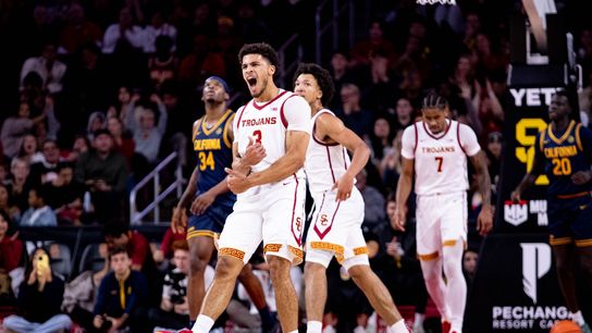 USC Trojans forward Matt Knowling (3) celebrates after tapping in ball during the 2nd half of the game against the California Golden Bears on Sunday, November 17th, 2024, at Galen Center in Los Angeles, CA.