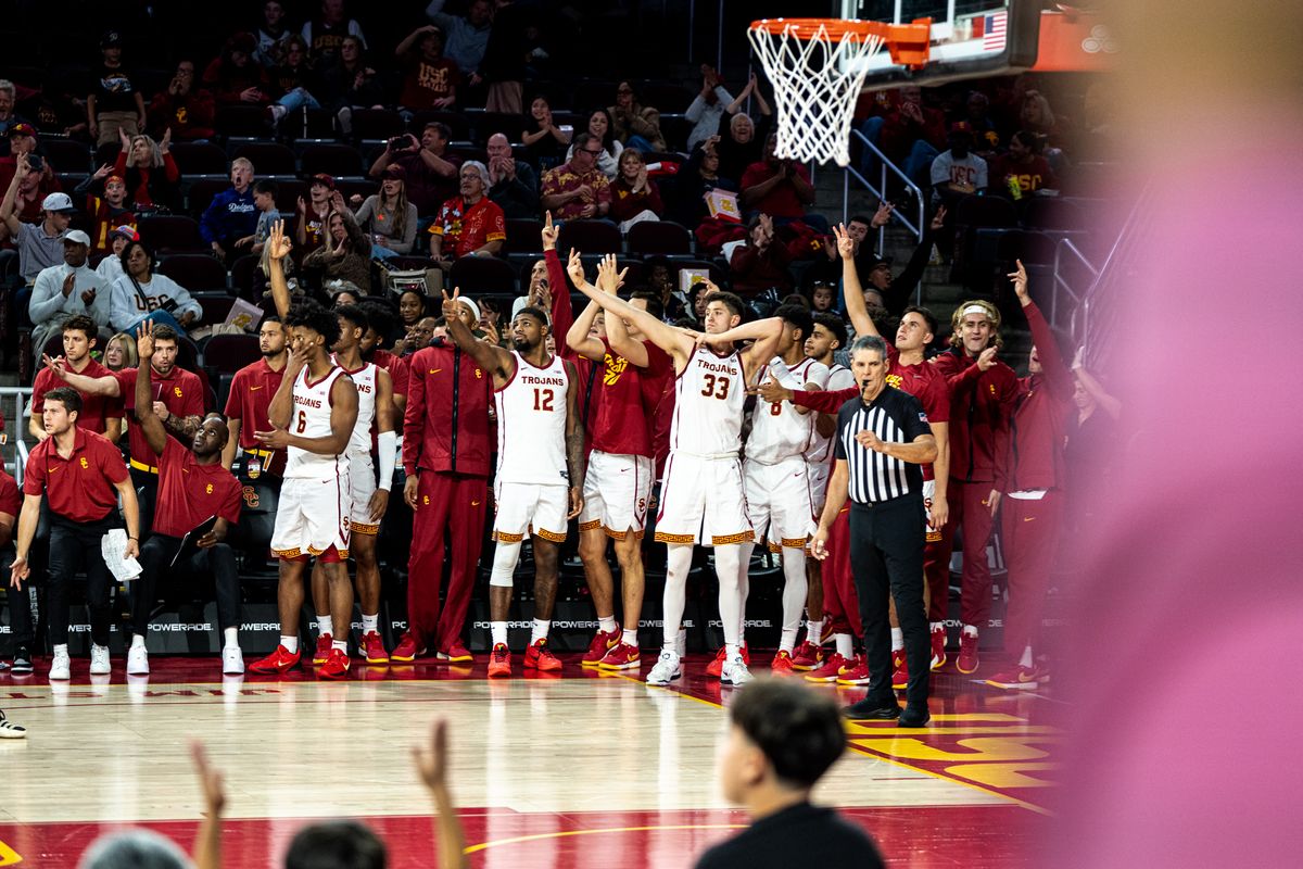 USC Trojans bench celebrating a made three in the 2nd half of the game against Grambling St on Sunday, November 24th, 2024, at Galen Center in Los Angeles, CA. USC Trojans bench celebrating a made three in the 2nd half of the game against Grambling St on Sunday, November 24th, 2024, at Galen Center in Los Angeles, CA.