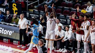 Chibuzo Agbo scored 18 points to extend USC men's four-game winning streak taken at Galen Center (USC). Photo by Robert Talamantes- The Sporting Tribune