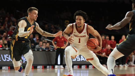 USC G Desmond Claude (1) drives towards the basket against the Iowa Hawkeyes on January 14th, 2025 at the Galen Center in Los Angeles, CA.