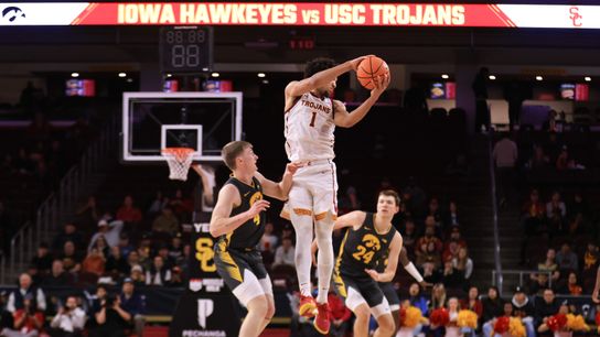 USC G Desmond Claude (1) receives a pass against the Iowa Hawkeyes on January 14th, 2025 at the Galen Center in Los Angeles, CA.