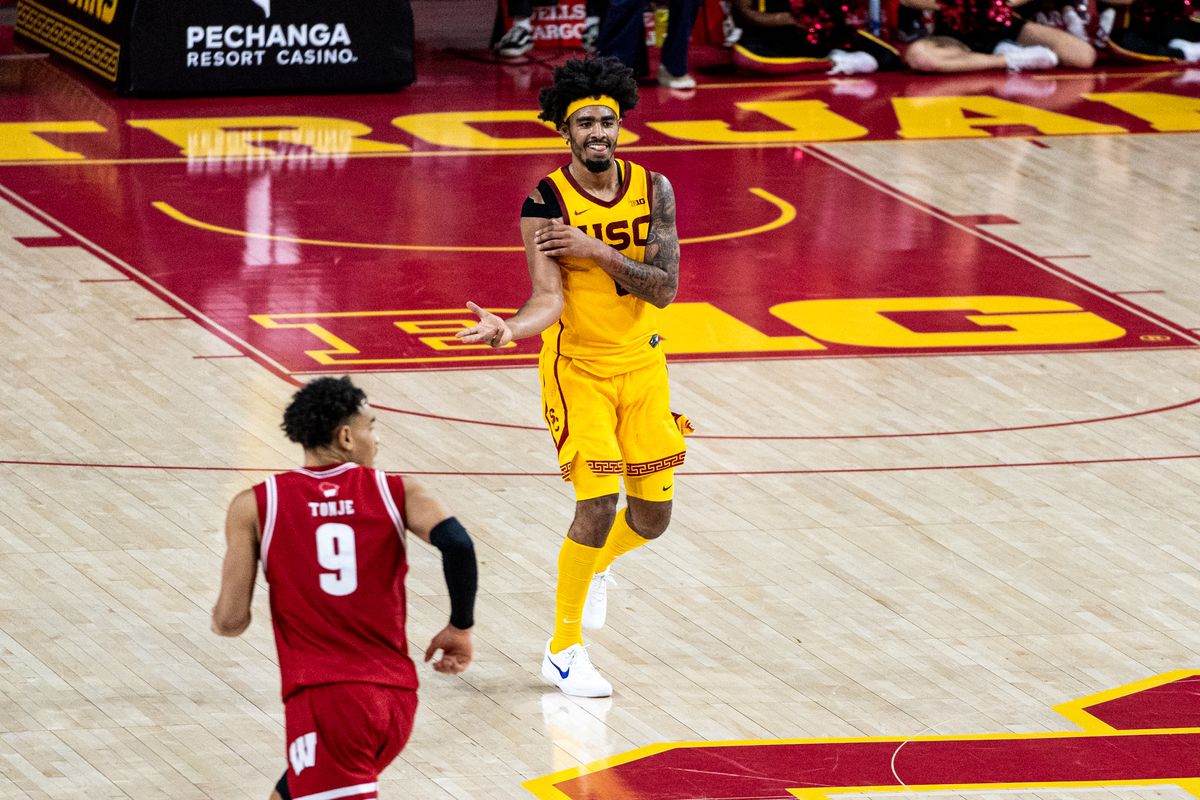 USC Trojans G Saint Thomas (0) celebrates a made three in the game against Wisconsin on Saturday, January 18th, 2025, at Galen Center in Los Angeles, CA.