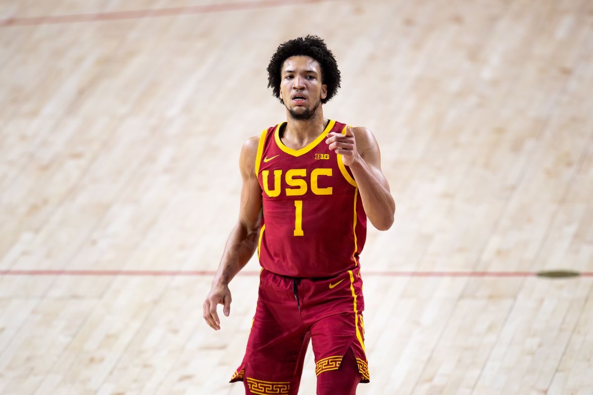 USC Trojans guard Desmond Claude (1) points during the 1st half of the game against the UCLA Bruins on Monday, January 27th, 2025, at Galen Center in Los Angeles, CA. USC Trojans guard Desmond Claude (1) points during the 1st half of the game against the UCLA Bruins on Monday, January 27th, 2025, at Galen Center in Los Angeles, CA.