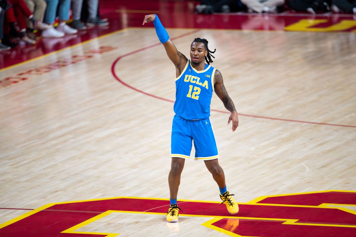 UCLA Bruins guard Sebastian Mack (12) celebrates after teammate shoots a three during the 1st half of the game against the USC Trojans on Monday, January 27th, 2025, at Galen Center in Los Angeles, CA. UCLA Bruins guard Sebastian Mack (12) celebrates after teammate shoots a three during the 1st half of the game against the USC Trojans on Monday, January 27th, 2025, at Galen Center in Los Angeles, CA.