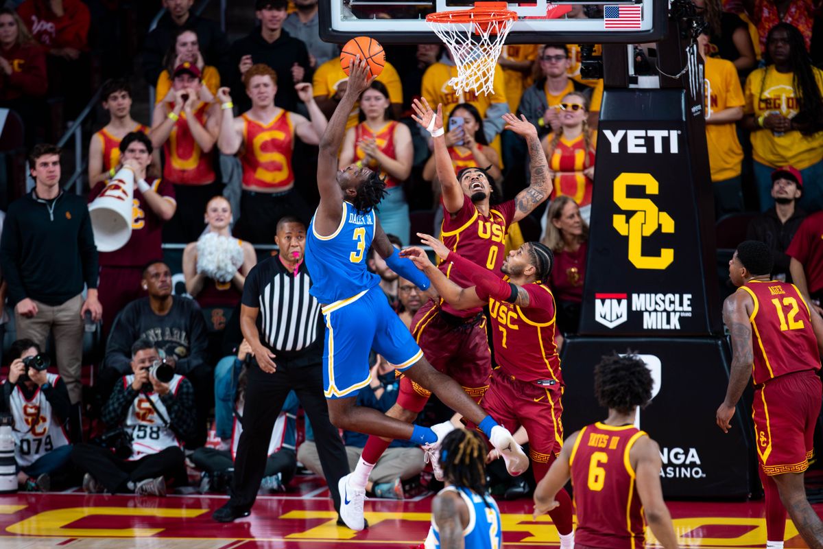 UCLA Bruins guard Eric Dailey Jr. (3) jumps for layup during the 2nd half of the game against the USC Trojans on Monday, January 27th, 2025, at Galen Center in Los Angeles, CA. UCLA Bruins guard Eric Dailey Jr. (3) jumps for layup during the 2nd half of the game against the USC Trojans on Monday, January 27th, 2025, at Galen Center in Los Angeles, CA.