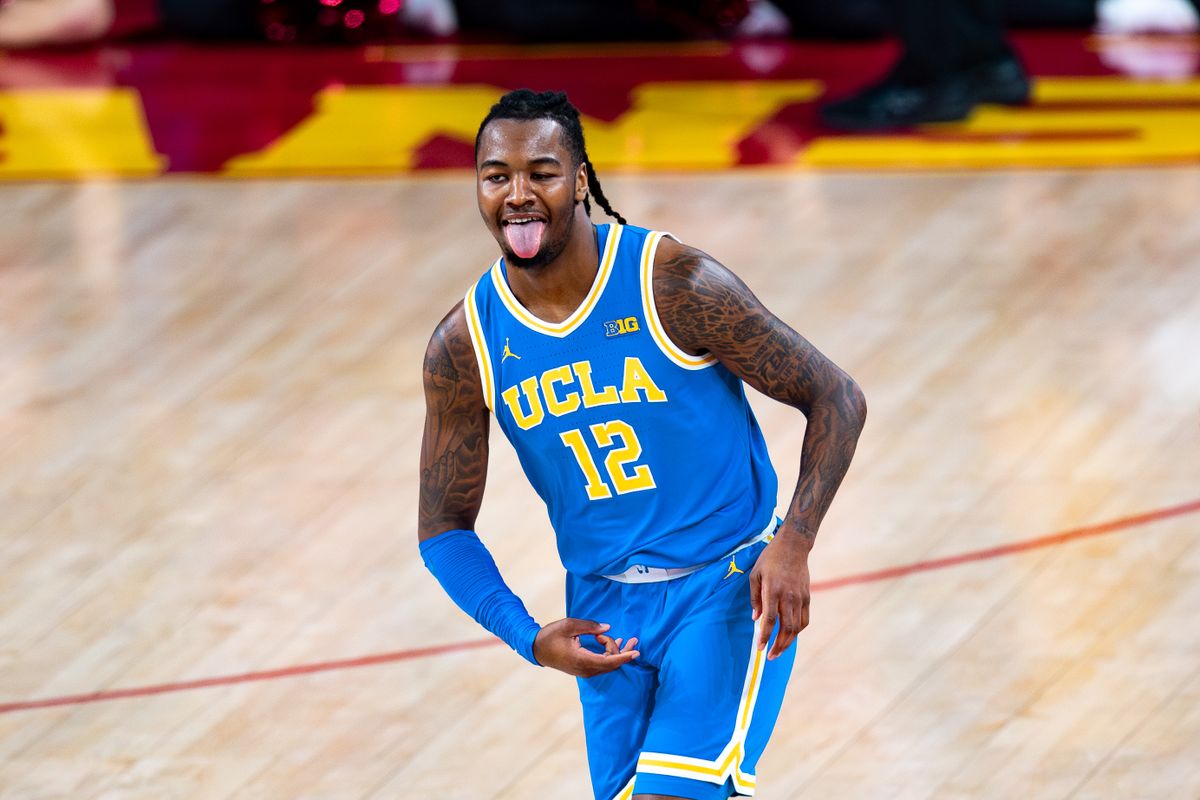 UCLA Bruins guard Sebastian Mack (12) taunts USC Trojans during the 2nd half of the game against the USC Trojans on Monday, January 27th, 2025, at Galen Center in Los Angeles, CA. UCLA Bruins guard Sebastian Mack (12) taunts USC Trojans during the 2nd half of the game against the USC Trojans on Monday, January 27th, 2025, at Galen Center in Los Angeles, CA.