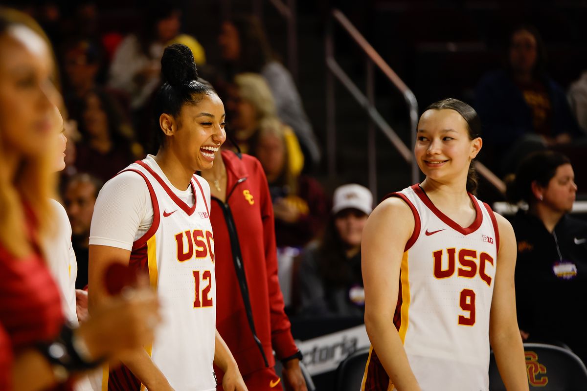 USC Trojans Guard Juju Watkins (14) laughs with Kayleigh Heckel (9) before game against Minnesota Golden Gophers on Thursday, January 30, 2024 in Los Angeles, CA. USC Trojans Guard Juju Watkins (14) laughs with Kayleigh Heckel (9) before game against Minnesota Golden Gophers on Thursday, January 30, 2024 in Los Angeles, CA.