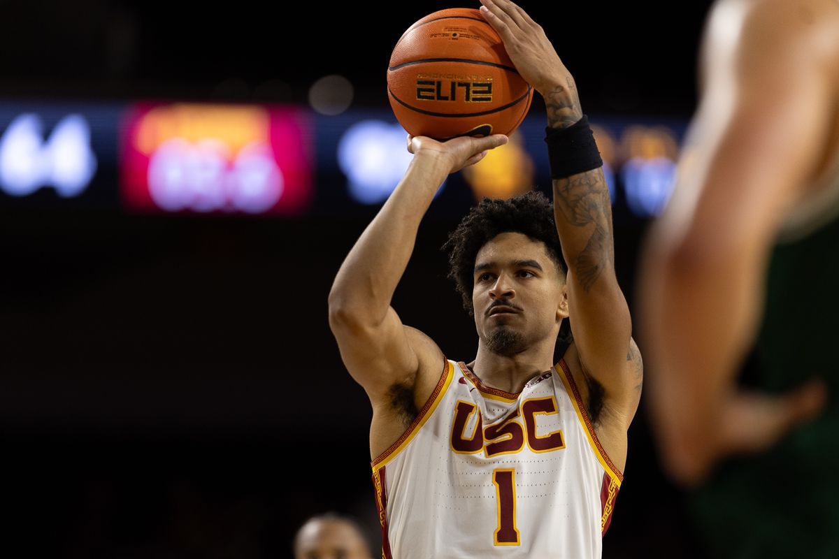 USC Guard Rodney Rice (1) shot the ball during a Big Ten basketball game against Cal Poly, Monday, November 3, 2025, in Los Angeles, California. 