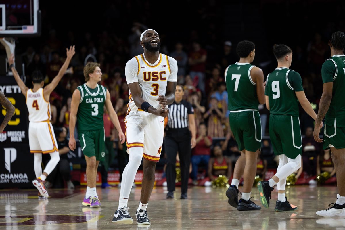 USC Guard Amarion Dickerson (3) celebrates during a Big Ten basketball game against Cal Poly, Monday, November 3, 2025, in Los Angeles, California. 