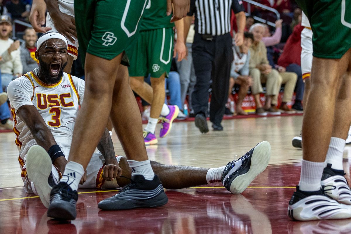 USC Guard Amarion Dickerson (3) celebrates during a Big Ten basketball game against Cal Poly, Monday, November 3, 2025, in Los Angeles, California. 