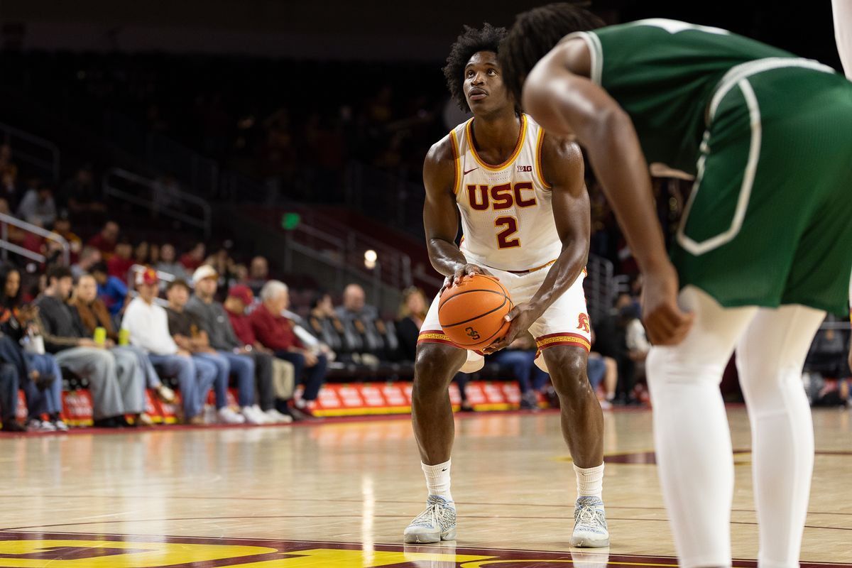 USC Forward Ezra Ausar (2) shoots a free throw during a Big Ten basketball game against Cal Poly, Monday, November 3, 2025, in Los Angeles, California. 