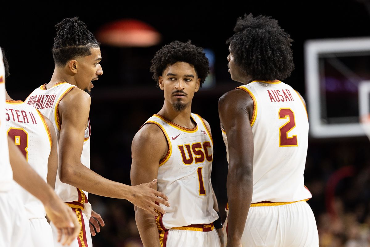 USC Guard Rodney Rice (1) reacts to a play during a Big Ten basketball game against Cal Poly, Monday, November 3, 2025, in Los Angeles, California. 