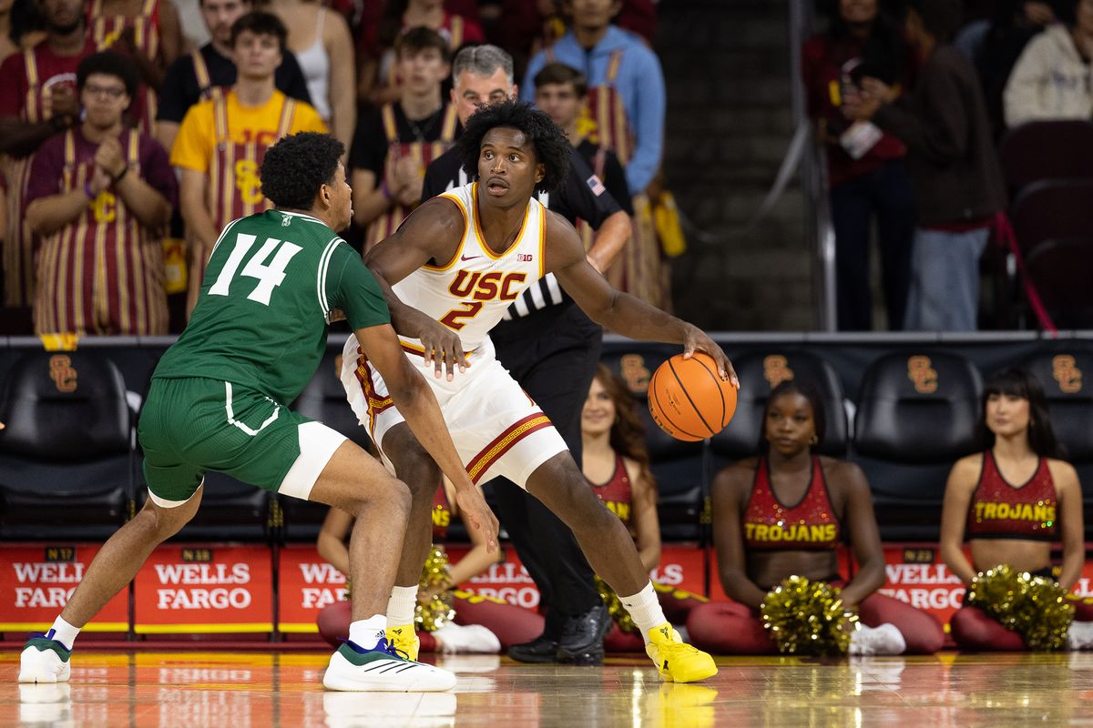 USC Forward Ezra Ausar (2) dribbles up the court during a Big Ten basketball game against Cal Poly, Monday, November 3, 2025, in Los Angeles, California. 