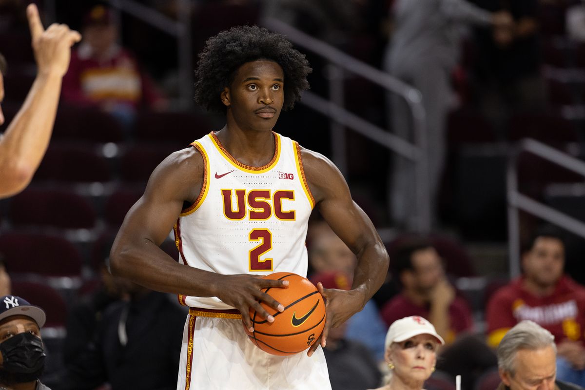 USC Forward Ezra Ausar (2) holds the ball during a Big Ten basketball game against Cal Poly, Monday, November 2, 2025, in Los Angeles, California. 