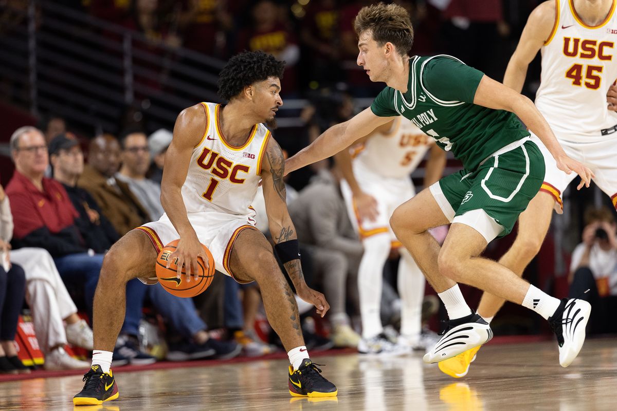 USC Guard Rodney Rice (1) dribbles the ball during a Big Ten basketball game against Cal Poly, Monday, November 3, 2025, in Los Angeles, California. 