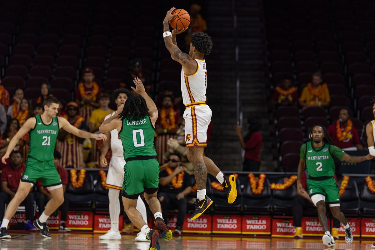 USC Guard Rodney Rice (1) knocked down a basket during a Big Ten basketball game against Manhattan, Sunday November 9, 2025 in Los Angeles, Calif. USC Guard Rodney Rice (1) knocked down a basket during a Big Ten basketball game against Manhattan, Sunday November 9, 2025 in Los Angeles, Calif.