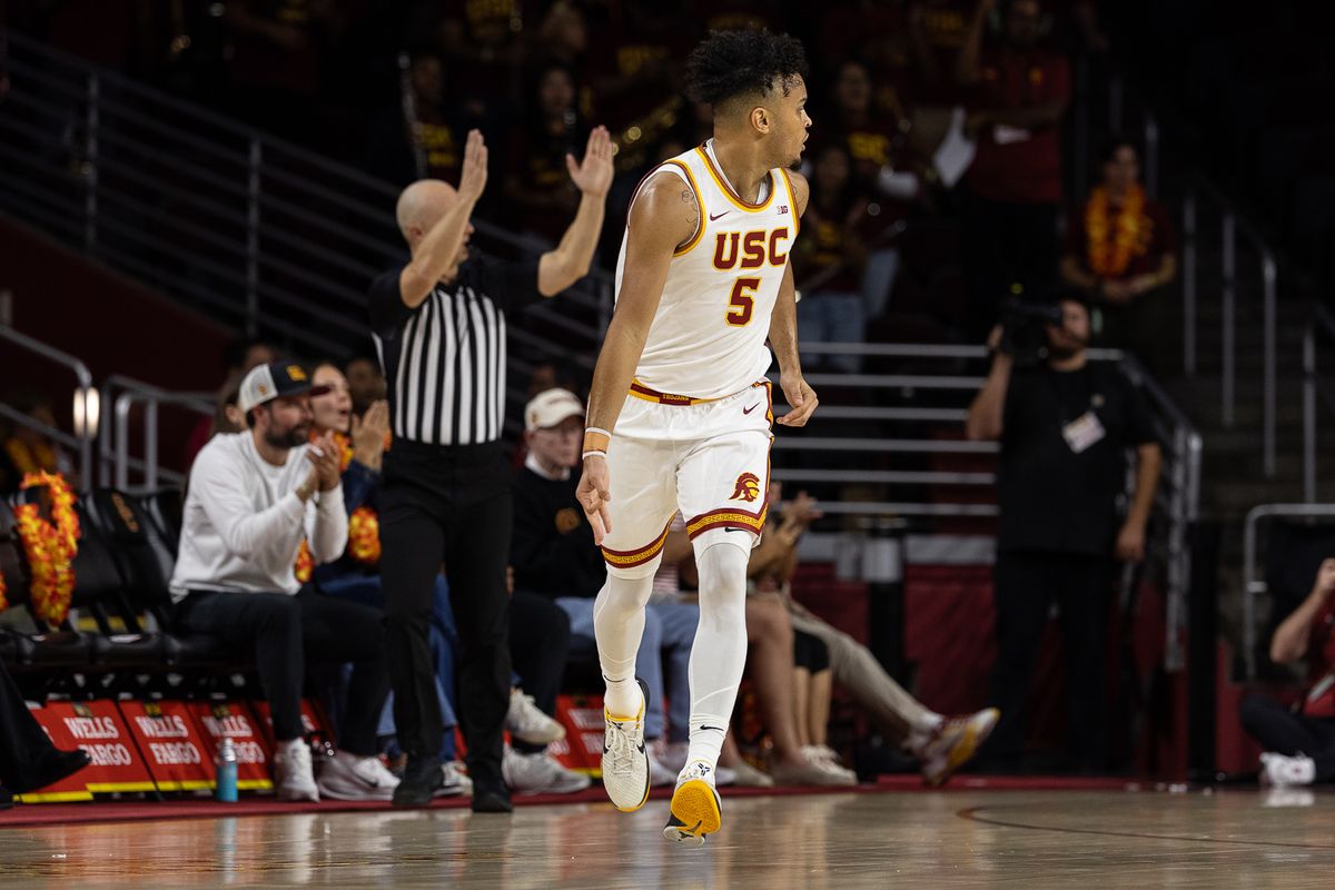 USC Forward Terrance Williams II (5) hit a three pointer during a Big Ten basketball game against Manhattan, Sunday November 9, 2025 in Los Angeles, Calif. USC Forward Terrance Williams II (5) hit a three pointer during a Big Ten basketball game against Manhattan, Sunday November 9, 2025 in Los Angeles, Calif.