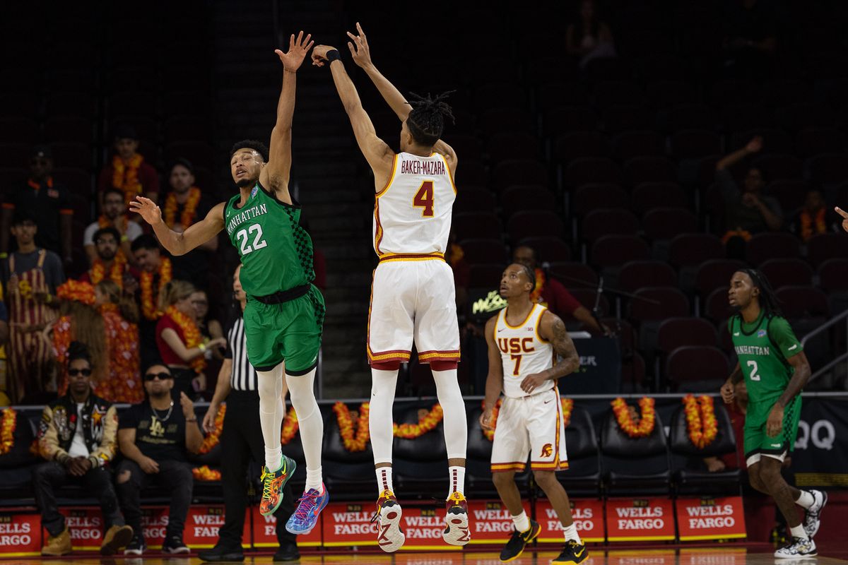 USC Guard Chad Baker-Mazara (4) scored during a Big Ten basketball game against Manhattan, Sunday November 9, 2025 in Los Angeles, Calif. USC Guard Chad Baker-Mazara (4) scored during a Big Ten basketball game against Manhattan, Sunday November 9, 2025 in Los Angeles, Calif.
