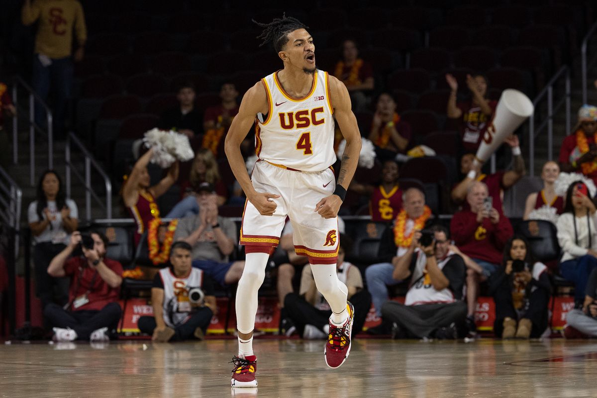USC Guard Chad Baker-Mazara (4) celebrates during a Big Ten basketball game against Manhattan, Sunday November 9, 2025 in Los Angeles, Calif. USC Guard Chad Baker-Mazara (4) celebrates during a Big Ten basketball game against Manhattan, Sunday November 9, 2025 in Los Angeles, Calif.