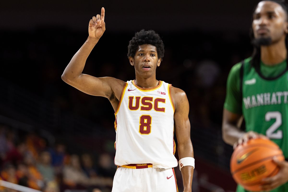 USC Guard Jerry Easter II (8) gestures during a Big Ten basketball game against Manhattan, Sunday November 9, 2025 in Los Angeles, Calif. USC Guard Jerry Easter II (8) gestures during a Big Ten basketball game against Manhattan, Sunday November 9, 2025 in Los Angeles, Calif.