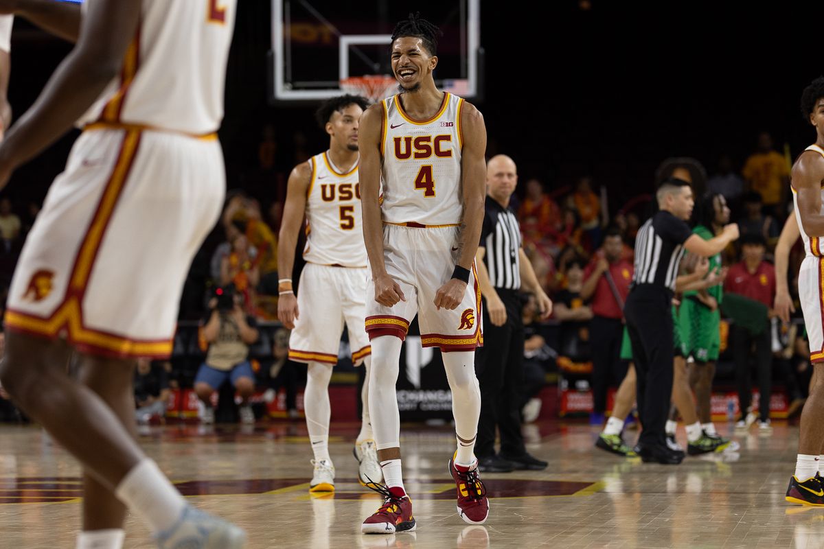 USC Guard Chad Baker-Mazara (4) celebrates his teammate during a Big Ten basketball game against Manhattan, Sunday November 9, 2025 in Los Angeles, Calif. USC Guard Chad Baker-Mazara (4) celebrates his teammate during a Big Ten basketball game against Manhattan, Sunday November 9, 2025 in Los Angeles, Calif.