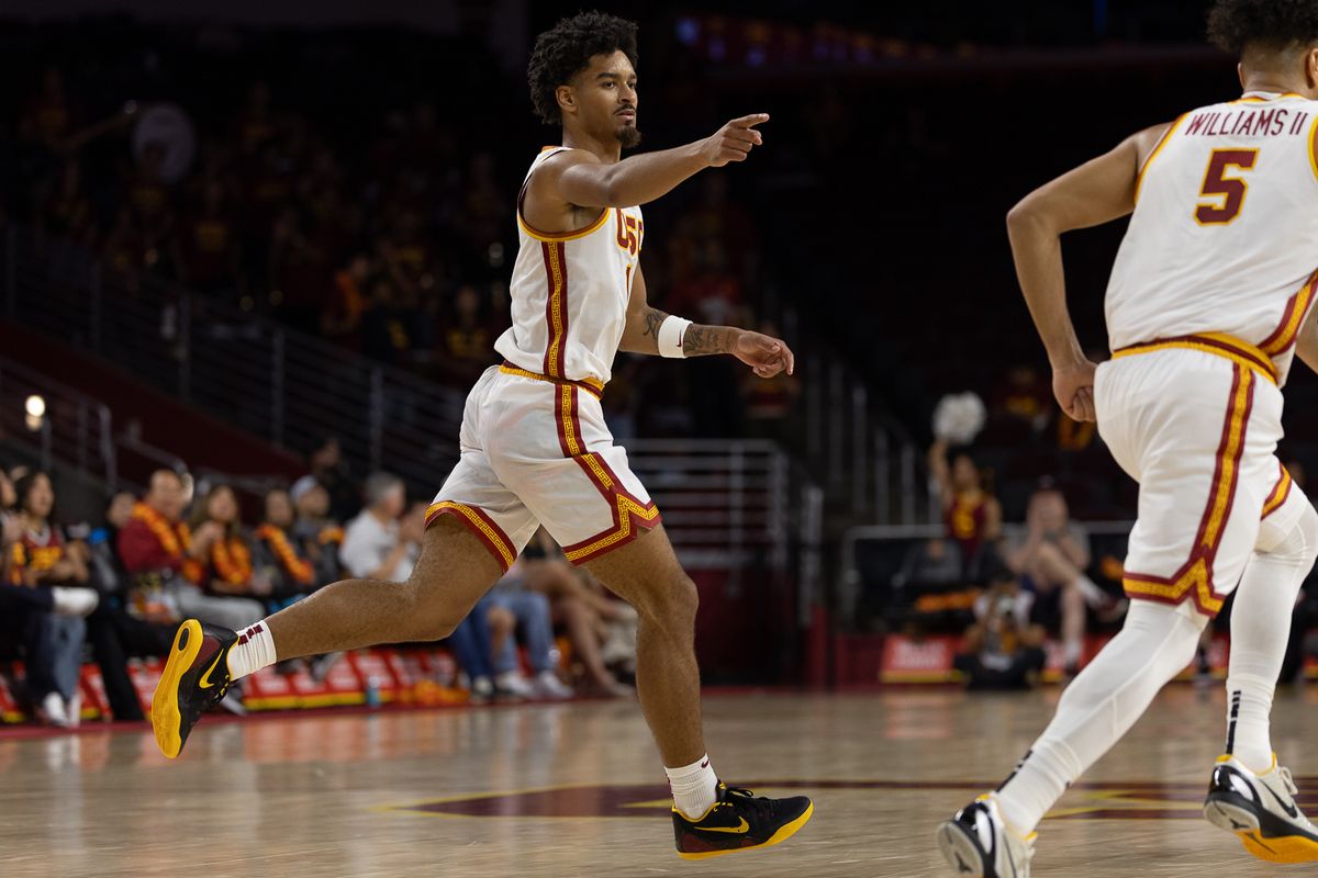 USC Guard Rodney Rice (1) celebrates during a Big Ten basketball game against Manhattan, Sunday November 9, 2025 in Los Angeles, Calif. USC Guard Rodney Rice (1) celebrates during a Big Ten basketball game against Manhattan, Sunday November 9, 2025 in Los Angeles, Calif.