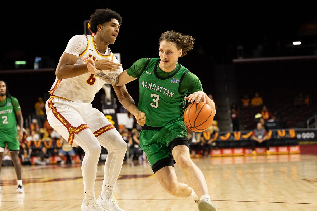 USC Forward Jacob Cofie (6) defends during a Big Ten basketball game against Manhattan, Sunday November 9, 2025 in Los Angeles, Calif.