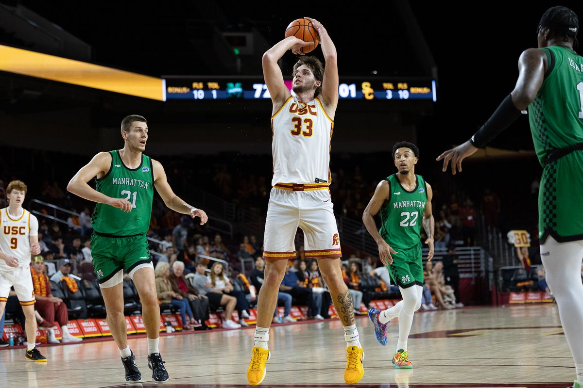 USC Forward Jaden Brownell (33) shoots during a Big Ten basketball game against Manhattan, Sunday November 9, 2025 in Los Angeles, Calif. USC Forward Jaden Brownell (33) shoots during a Big Ten basketball game against Manhattan, Sunday November 9, 2025 in Los Angeles, Calif.