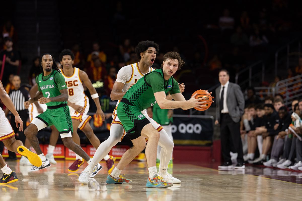 USC Forward Jacob Cofie (6) defends during a Big Ten basketball game against Manhattan, Sunday November 9, 2025 in Los Angeles, Calif. USC Forward Jacob Cofie (6) defends during a Big Ten basketball game against Manhattan, Sunday November 9, 2025 in Los Angeles, Calif.