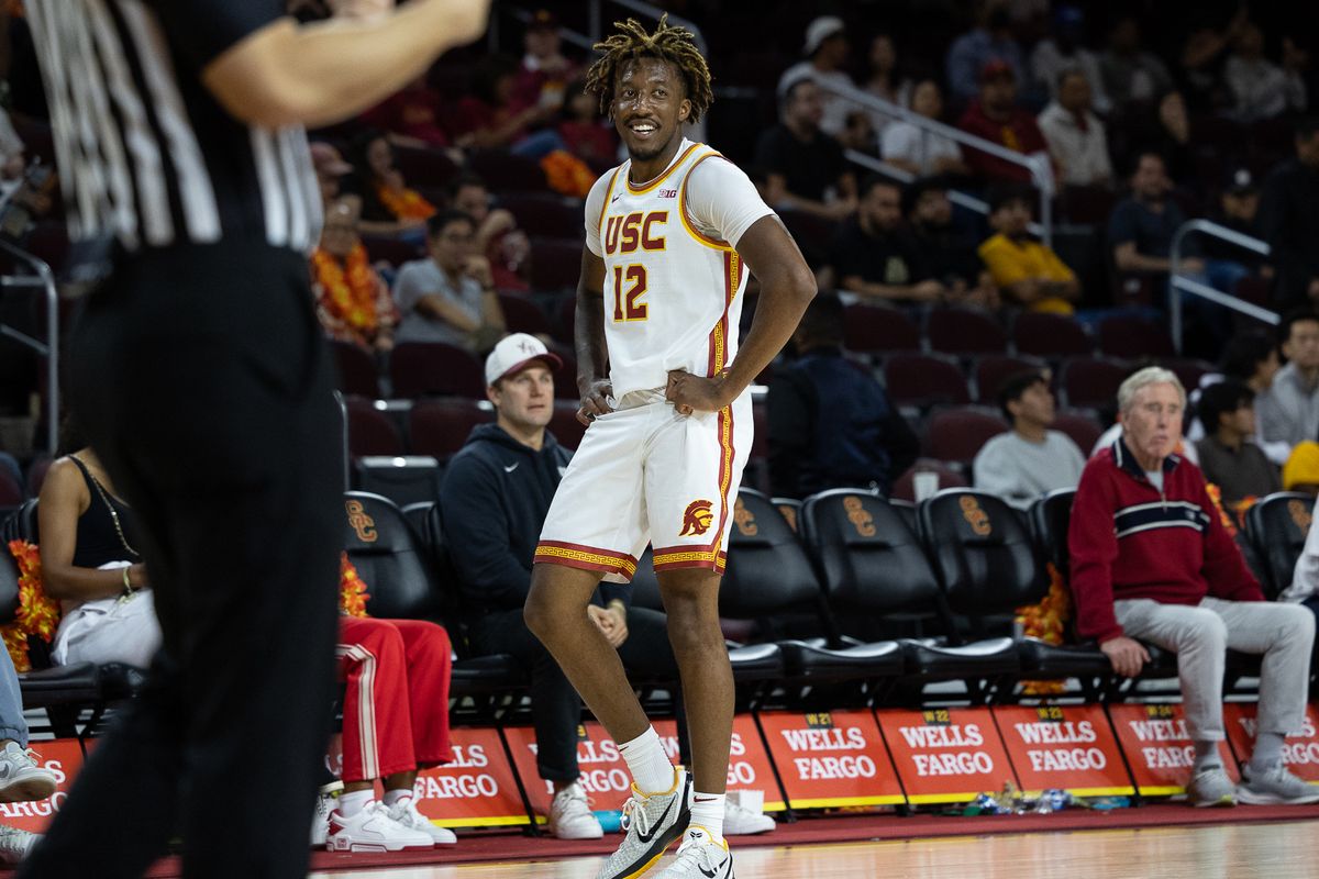 USC Guard EJ Neal Jr. (12) celebrates during a Big Ten basketball game against Manhattan, Sunday November 9, 2025 in Los Angeles, Calif. USC Guard EJ Neal Jr. (12) celebrates during a Big Ten basketball game against Manhattan, Sunday November 9, 2025 in Los Angeles, Calif.