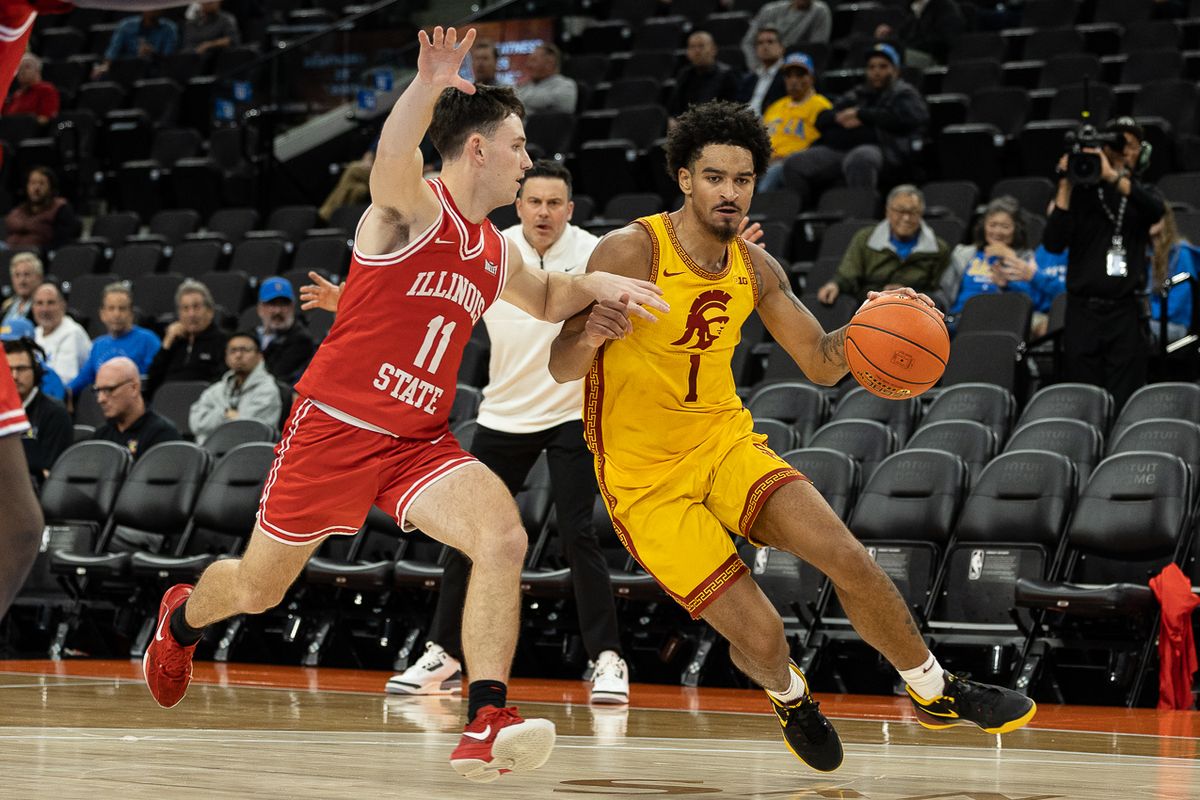 USC guard Rodney Rice (1) dribbles to the basket during a Big Ten Conference college basketball game against the Illinois State Redbirds, Friday November 14, 2025 in Inglewood, Calif.