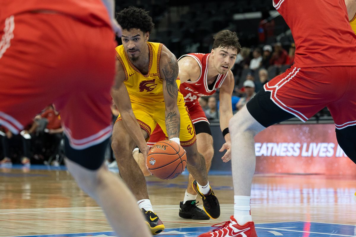 USC guard Rodney Rice (1) dribbles during a Big Ten Conference college basketball game against the Illinois State Redbirds, Friday November 14, 2025 in Inglewood, Calif.