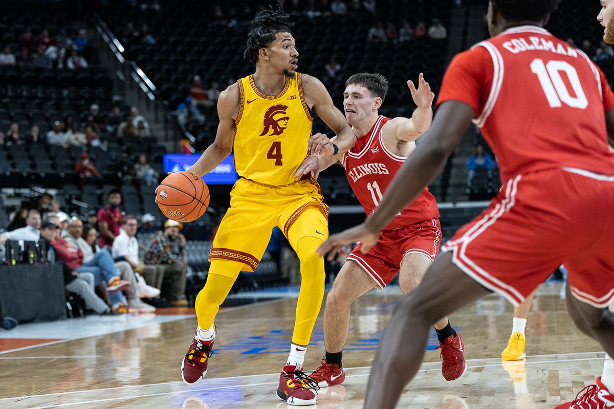 USC guard Chad Baker-Mazara (4) dribbles the ball during a Big Ten Conference college basketball game against the Illinois State Redbirds, Friday November 14, 2025 in Inglewood, Calif.