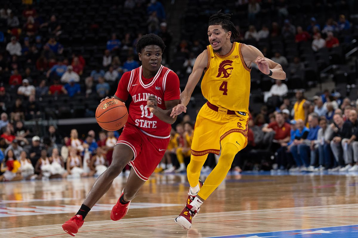 USC guard Chad Baker-Mazara (4) defends during a Big Ten Conference college basketball game against the Illinois State Redbirds, Friday November 14, 2025 in Inglewood, Calif.