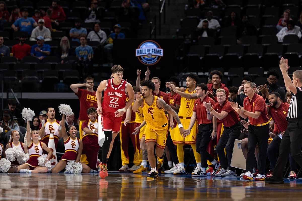 USC guard Rodney Rice (1) celebrates during a Big Ten Conference college basketball game against the Illinois State Redbirds, Friday November 14, 2025 in Inglewood, Calif.
