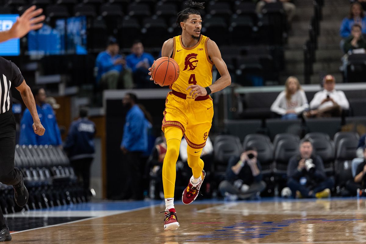 USC guard Chad Baker-Mazara (4) dribbles the ball during a Big Ten Conference college basketball game against the Illinois State Redbirds, Friday November 14, 2025 in Inglewood, Calif.