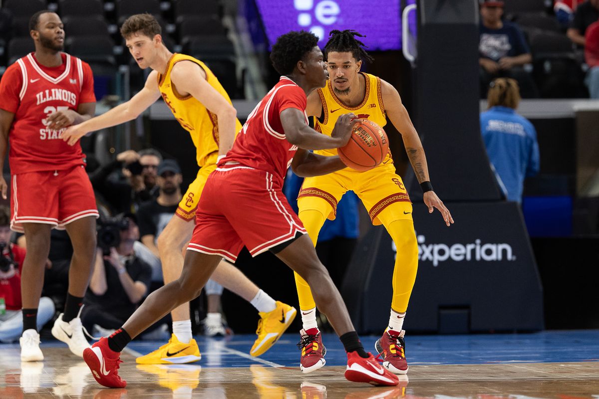 USC guard Chad Baker-Mazara (4) defends during a Big Ten Conference college basketball game against the Illinois State Redbirds, Friday November 14, 2025 in Inglewood, Calif.