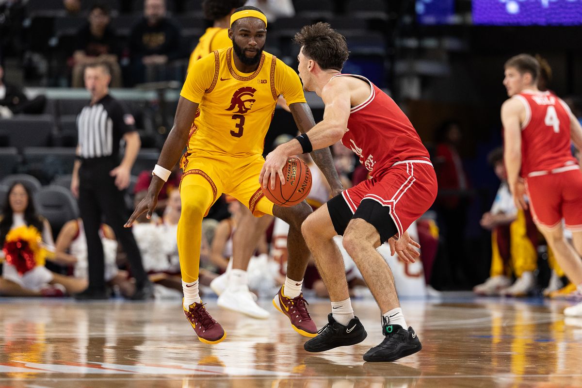 USC guard Amarion Dickerson (3) defends during a Big Ten Conference college basketball game against the Illinois State Redbirds, Friday November 14, 2025 in Inglewood, Calif.