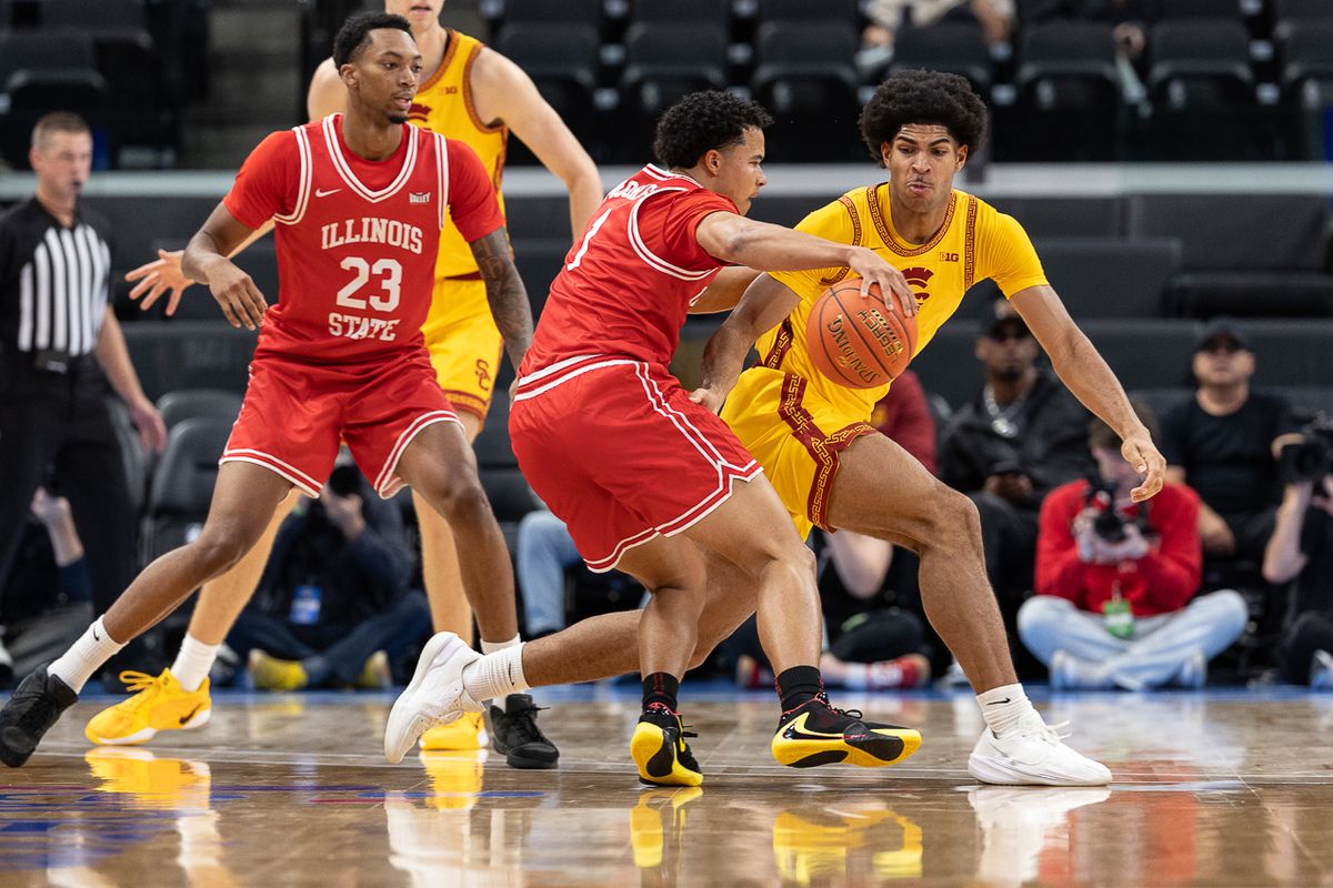 USC forward Jacob Cofie (6) defends during a Big Ten Conference college basketball game against the Illinois State Redbirds, Friday November 14, 2025 in Inglewood, Calif.