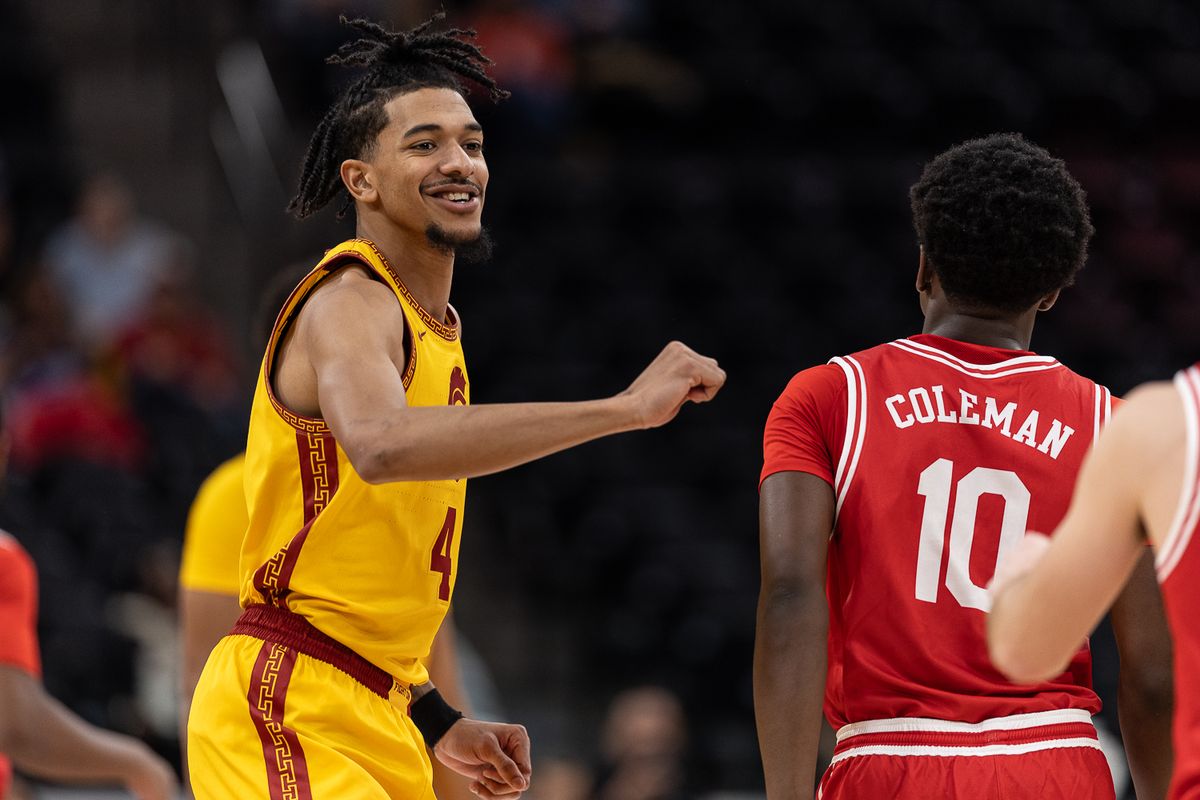 USC guard Chad Baker-Mazara (4) shows sportsmanship during a Big Ten Conference college basketball game against the Illinois State Redbirds, Friday November 14, 2025 in Inglewood, Calif.