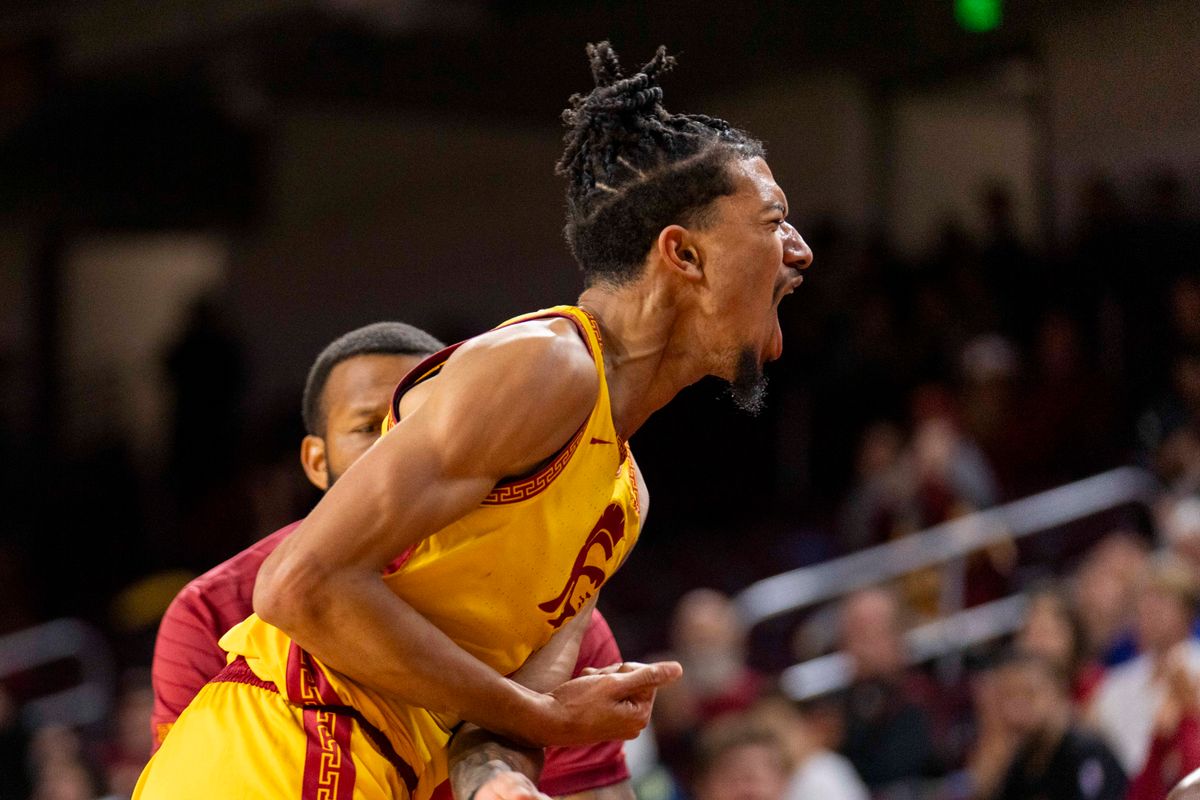 USC Trojans forward Chad Baker-Mazara (4) celebrates his and one during an NCAA basketball game against the Troy Trojans, Thursday November 20th, 2025 in Los Angeles, California. 