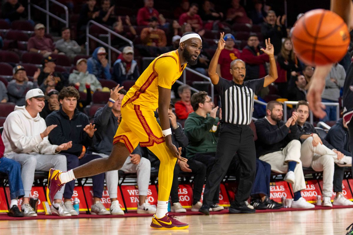 USC Trojans forward Amarion Dickerson (3) celebrates his corner three during an NCAA basketball game against the Troy Trojans, Thursday November 20th, 2025 in Los Angeles, California. 
